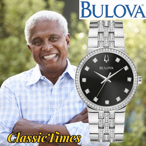 Bulova Accessories New Bulova Mens Crystal Stainless Steel Black